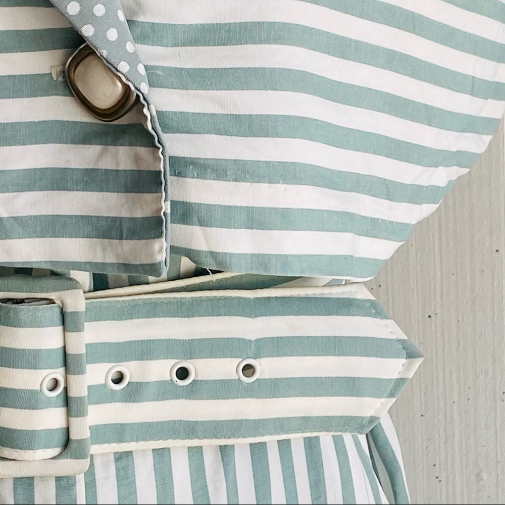 Vintage 80s belted green & white striped polka-dot shirt dress, women’s size Lg